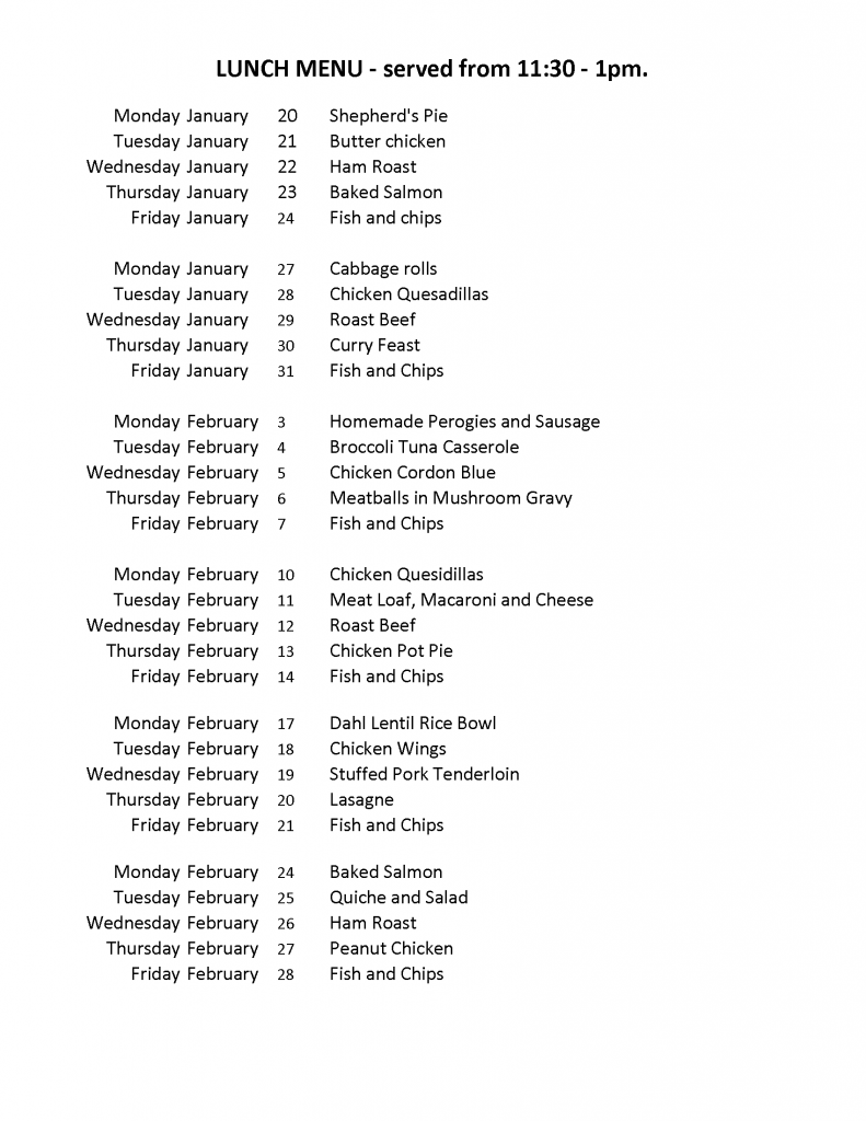 Lunch template Sheet1 – Sechelt Activity Centre