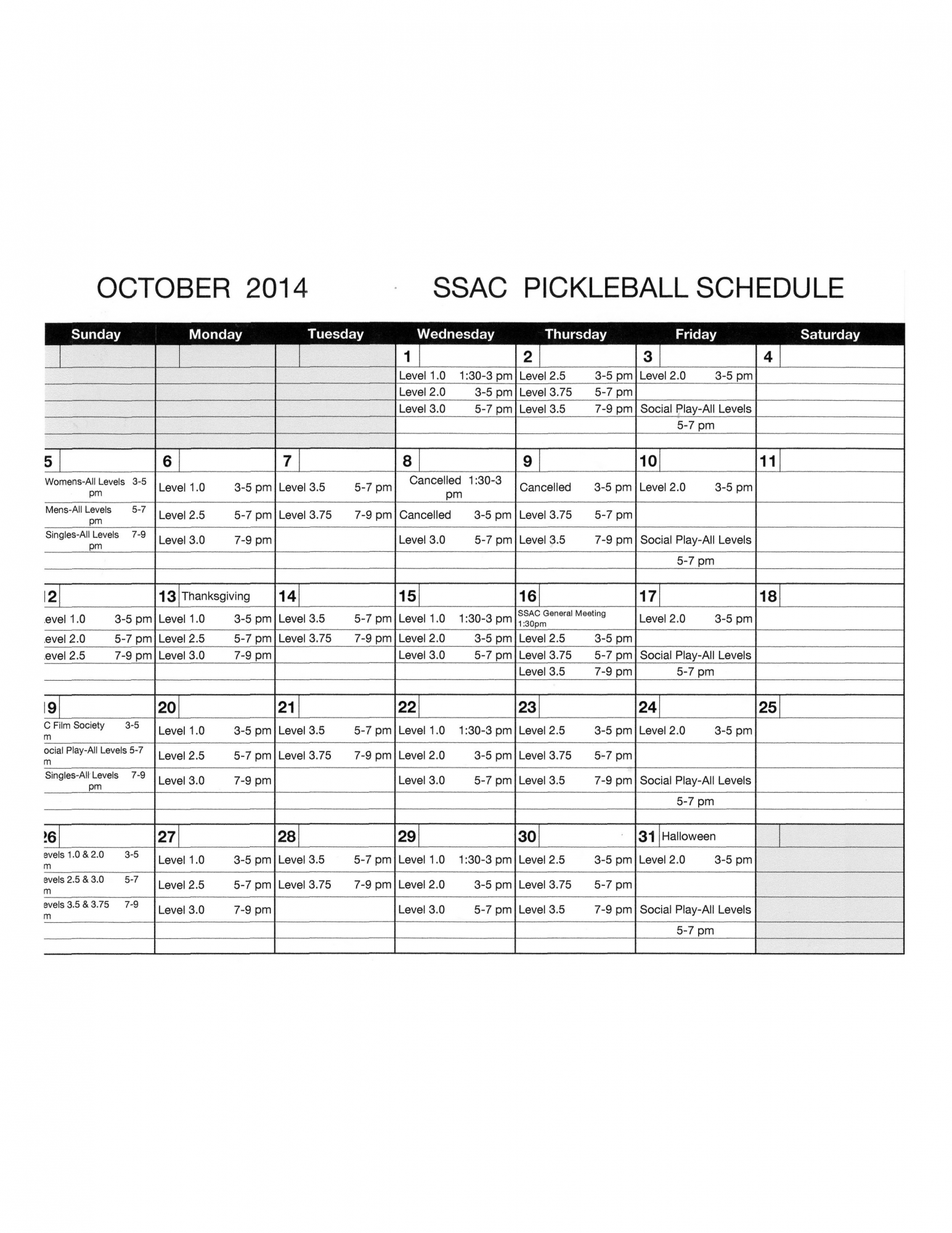 October PB Schedule Sechelt Activity Centre